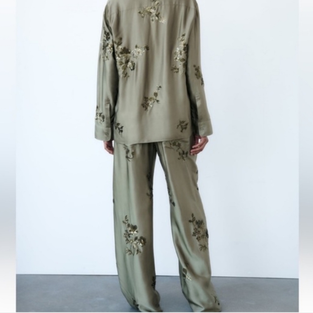Zara Sage Green Satin Pants And Top